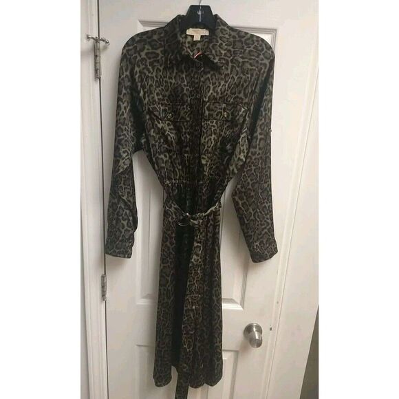 Michael Kors Leopard Button-down Collared dress green medium business Classic - Picture 1 of 11